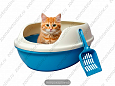Туалет для кошек с бортиком, решеткой + совок (голубой) 50х38х20см